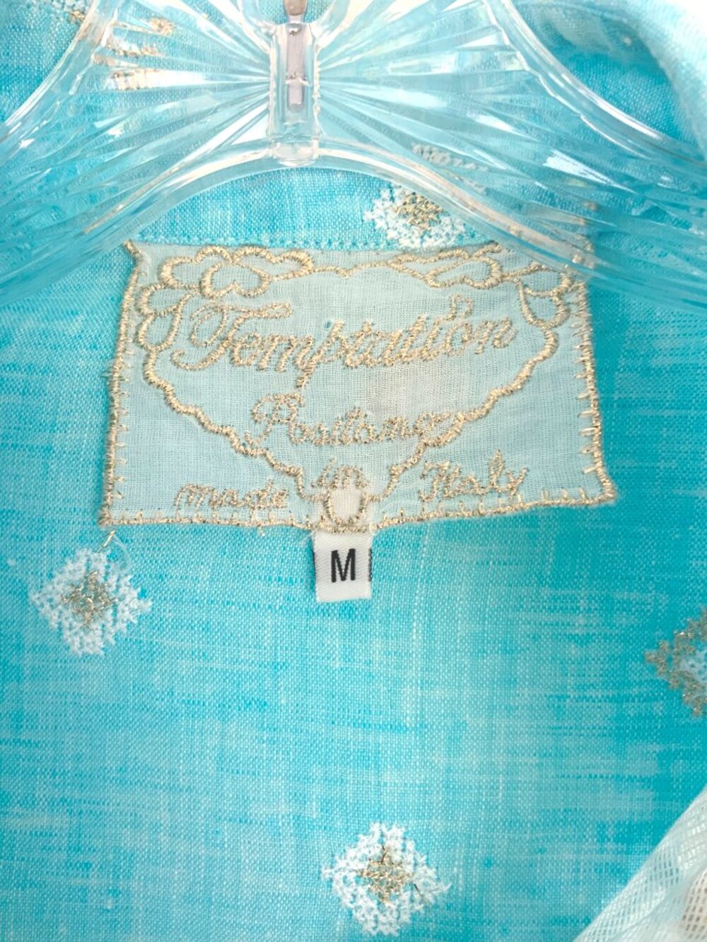 Temptation Positano Blue Straight Cut Embroidered Bohemian Linen Blouse Sz M - Picture 3 of 16